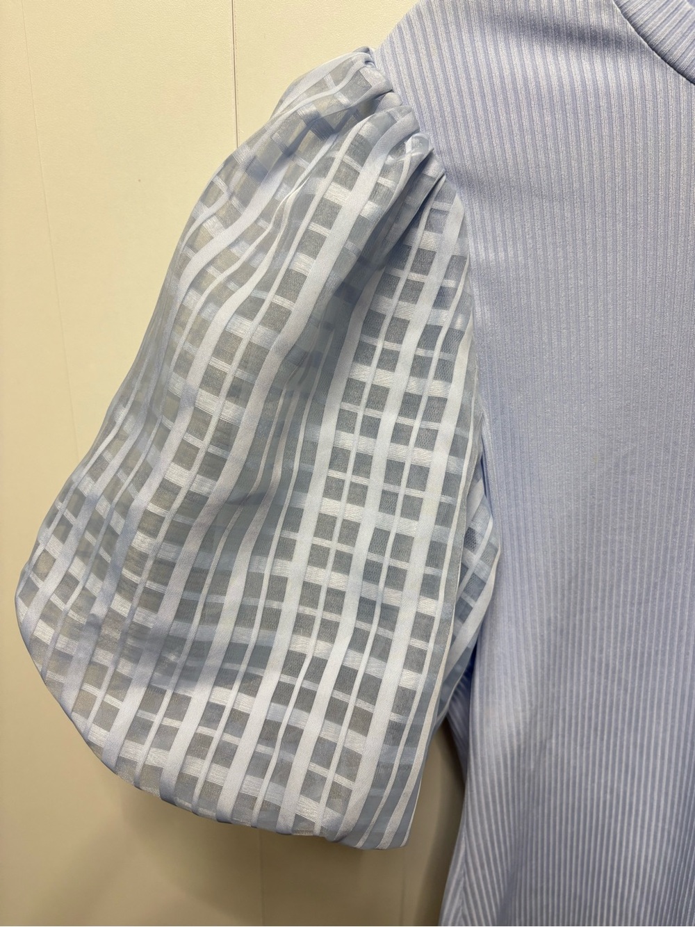 Flying Tomato Light Blue Ribbed Top with Puff Checked Sleeves - Picture 4 of 6